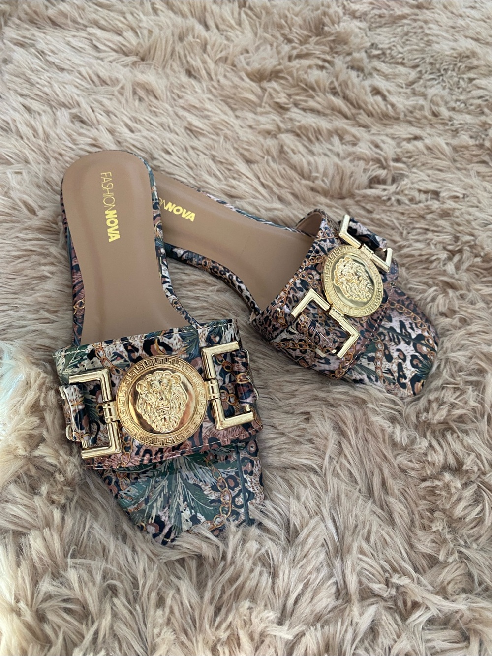 Fashion Nova Leopard-Print Slides with Gold Lion 🦁 Medallion